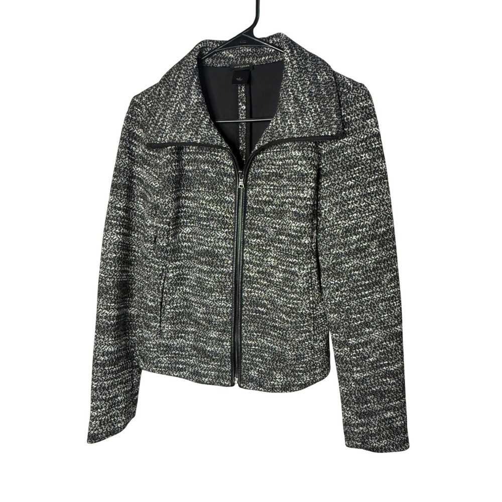 Ann Taylor Black White Marled Knit Zip Up Moto Jacket Size 2